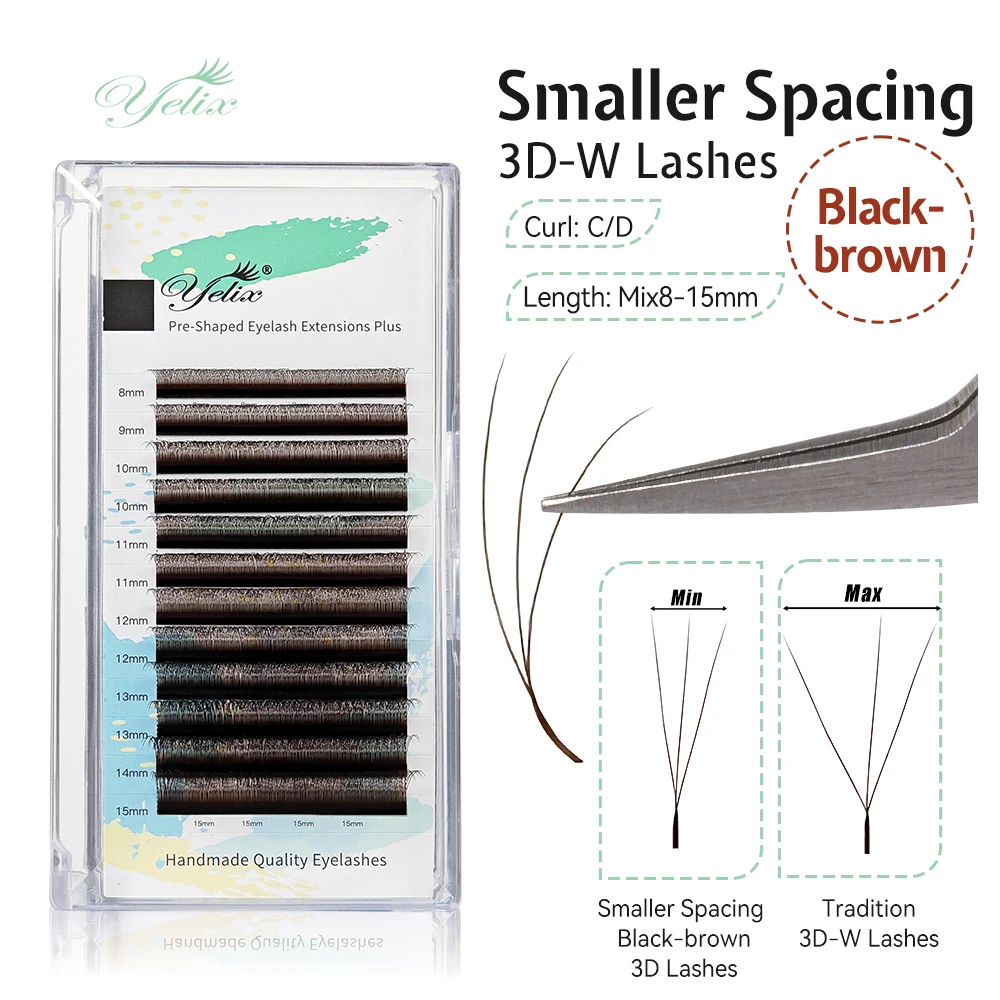 Yelix Czarno-brązowe Wąskie Rzęsy 3D w Kształcie Litery W Naturalne Miękkie Rzęsy z Większym Rozstawem Przedłużania Rzęs 3D Gotowe Kępki Objętościowe