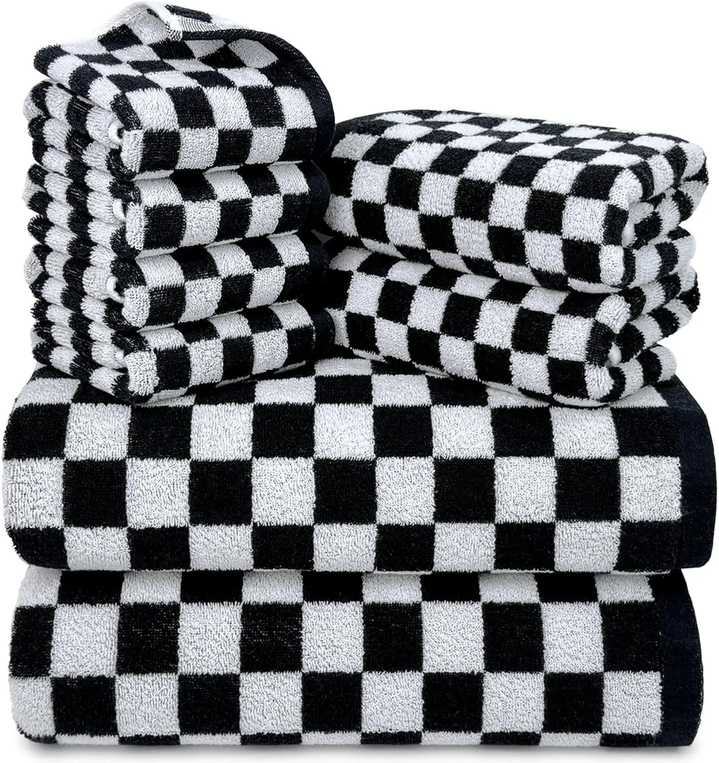 

8-Piece Black and White Checkered Towel Set, 100% Cotton Bathroom Towels for Home Decor