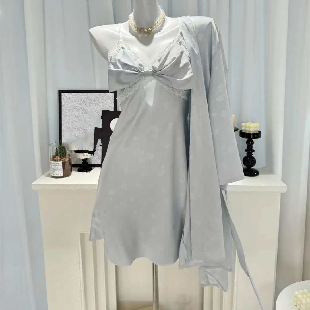 女性のシルク着物バスローブ,セクシーなドレス,弓のアップリケ付きネグリジェ,花嫁のナイトウェア,結婚式,夏,ホームドレス