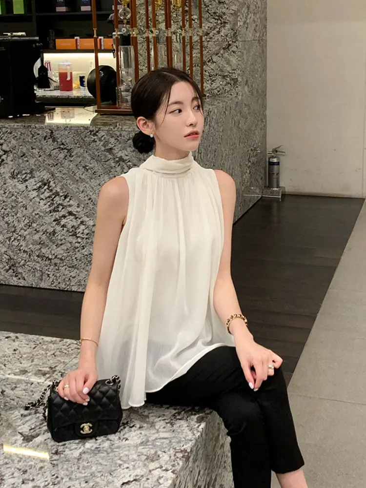 French Summer Women\'s Halter Shirt Blouse Summer Sleeveless Shirts Female Top Office Lady Blouse Tops Blusas Mujer De Moda 2024