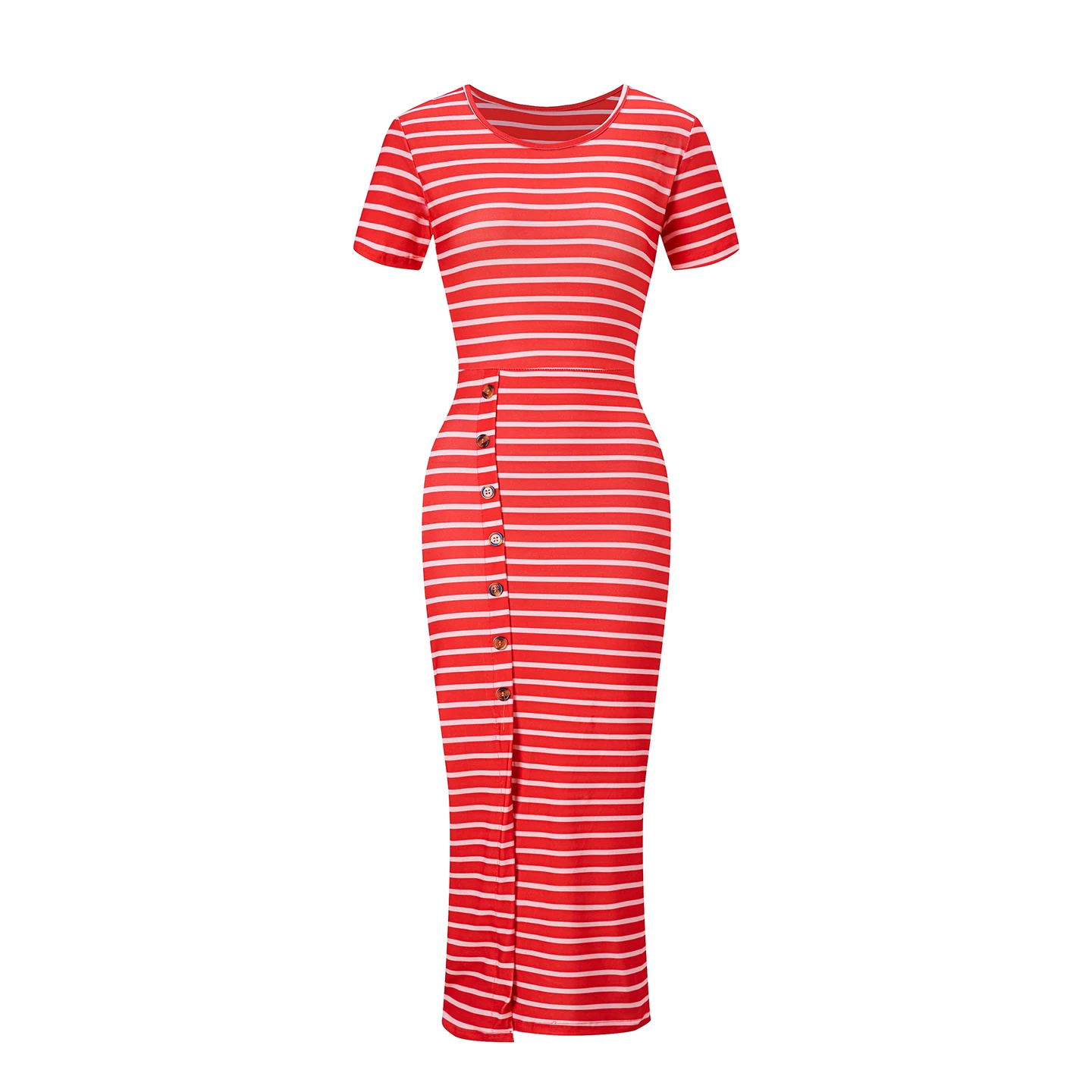 2026 Neues Europäisches und Amerikanisches Damenkleid mit Rundhalsausschnitt, Streifenmuster, Kurzen Ärmeln, Schlankmachendem Effekt und Seitenschlitz – Detail 9