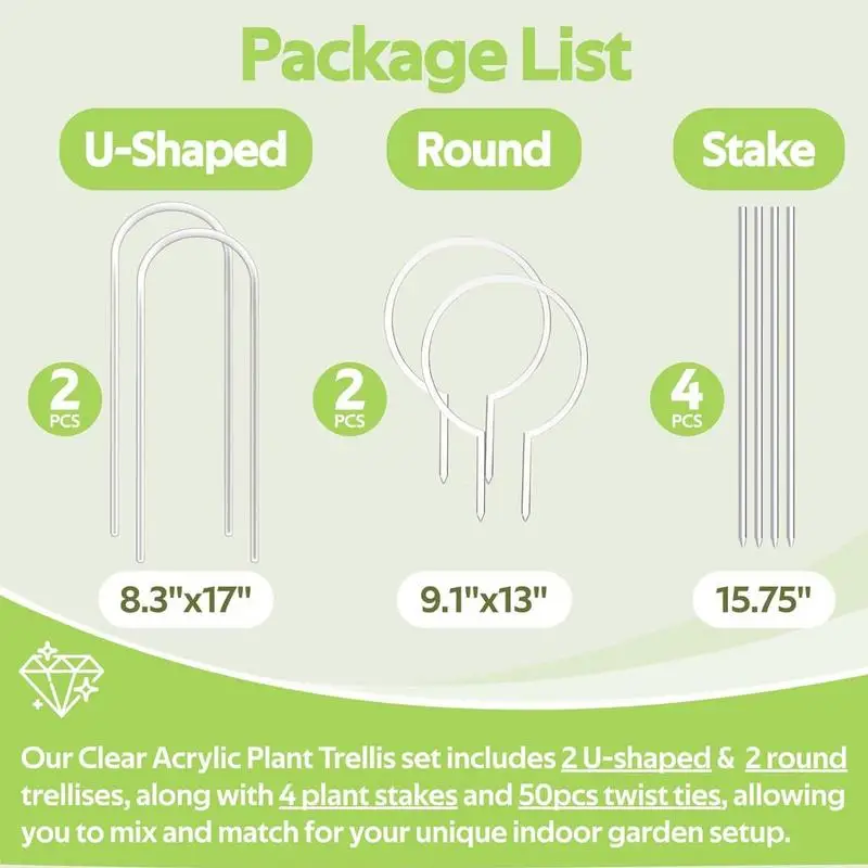 تعريشة نباتية على شكل حرف U تعريشة نباتية من الأكريليك لحامل قفص شفاف داخلي أوتاد نباتات منزلية مع ربطات عنق ملتوية وجذع مزخرف #6