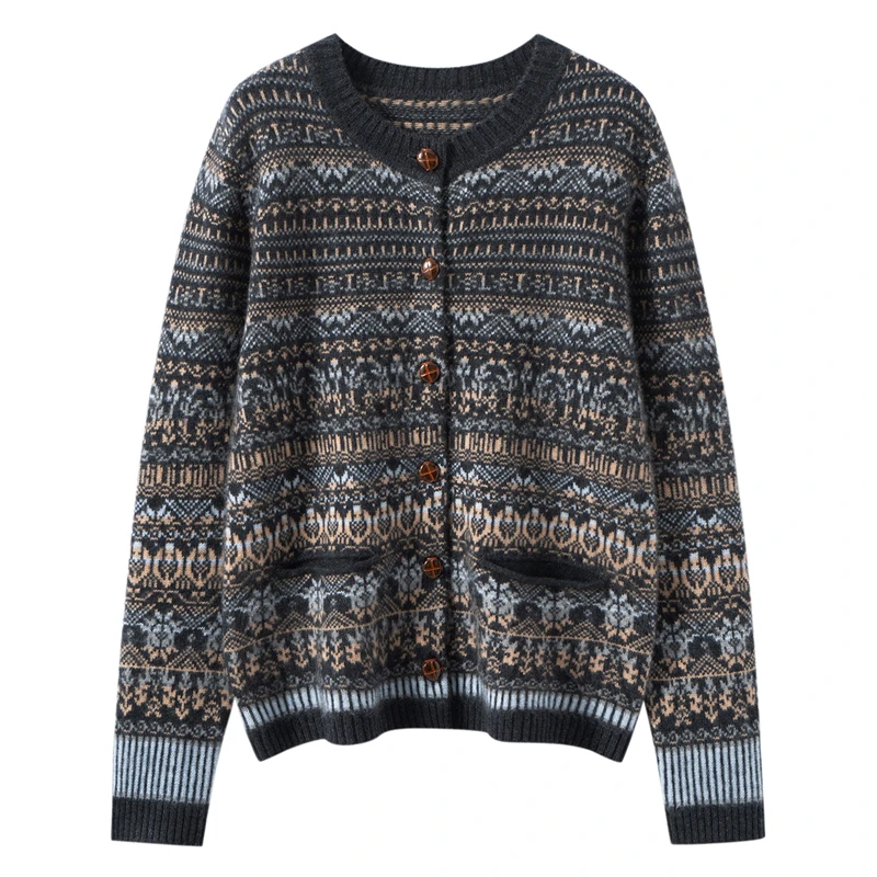 เสื้อสเวตเตอร์แคชเมียร์ 100% สำหรับผู้หญิง คอกลม ลายแจ็คการ์ด คาร์ดิแกน ฤดูใบไม้ร่วง ฤดูหนาว ผ้าหนา สไตล์วินเทจ ลายแฟร์ไอส์ ถักนิตติ้ง เสื้อผ้าตัดสี