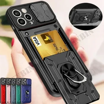 아이폰 15 14 프로 맥스 13 12 프로 맥스 XR X 8 7 플러스 SE 슬라이드 스탠드 링 카메라 케이스, 밀리터리 등급 카드 슬롯 커버