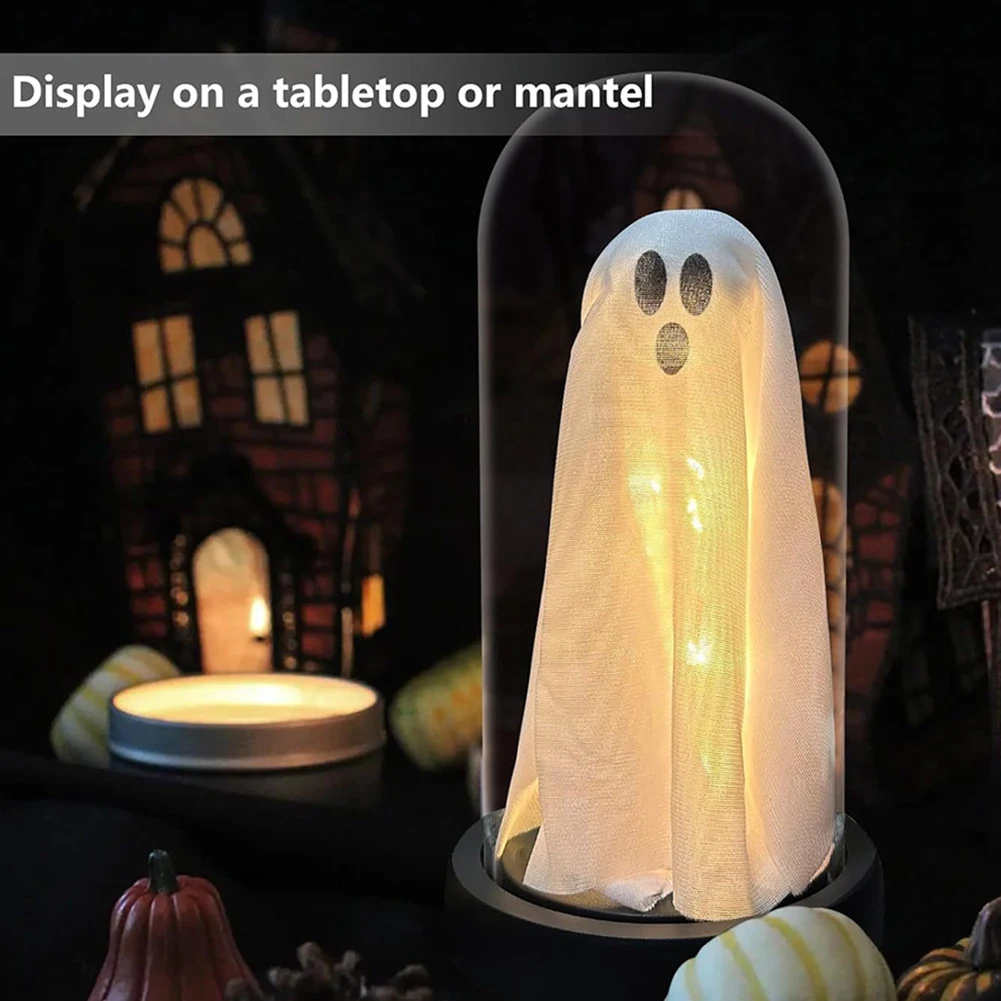 Cute Ghost with Light Ghost Halloween Decor Halloween Ghost in Clear Cloche with Light for Home Mantel Tabletop Party Decor