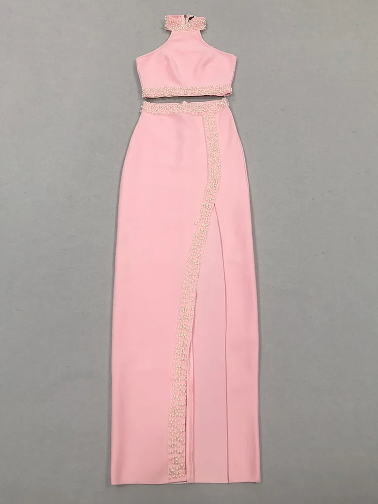 Feminino sexy o pescoço beading pérola rosa maxi longo duas peças saia bandagem conjunto 2025 celebridade designer moda feminina conjunto