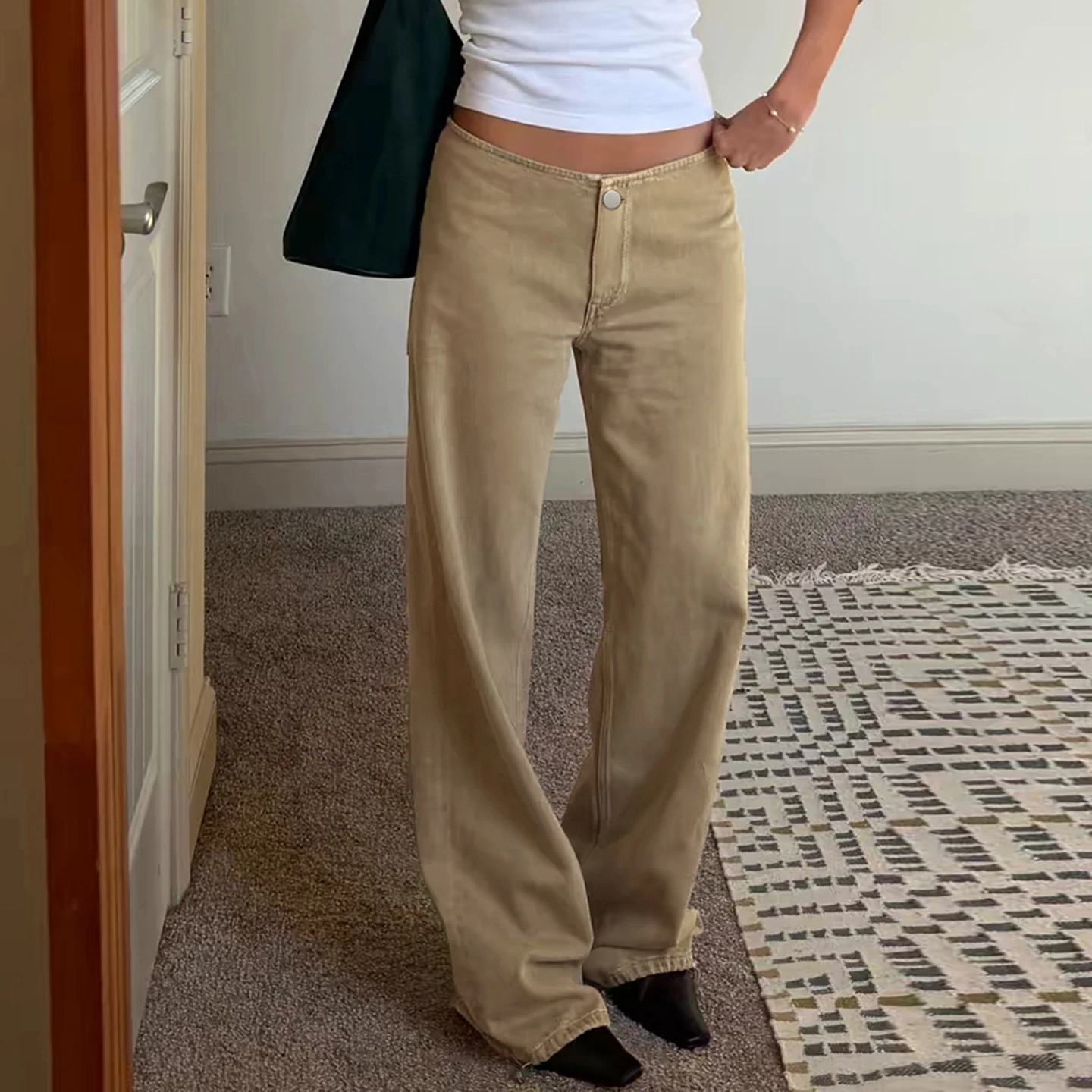 Women Low Waist Khaki Wide Leg Jeans Single Button Straight Baggy Denim Pants Vintage Casual Street Trousers Bottoms New 2027