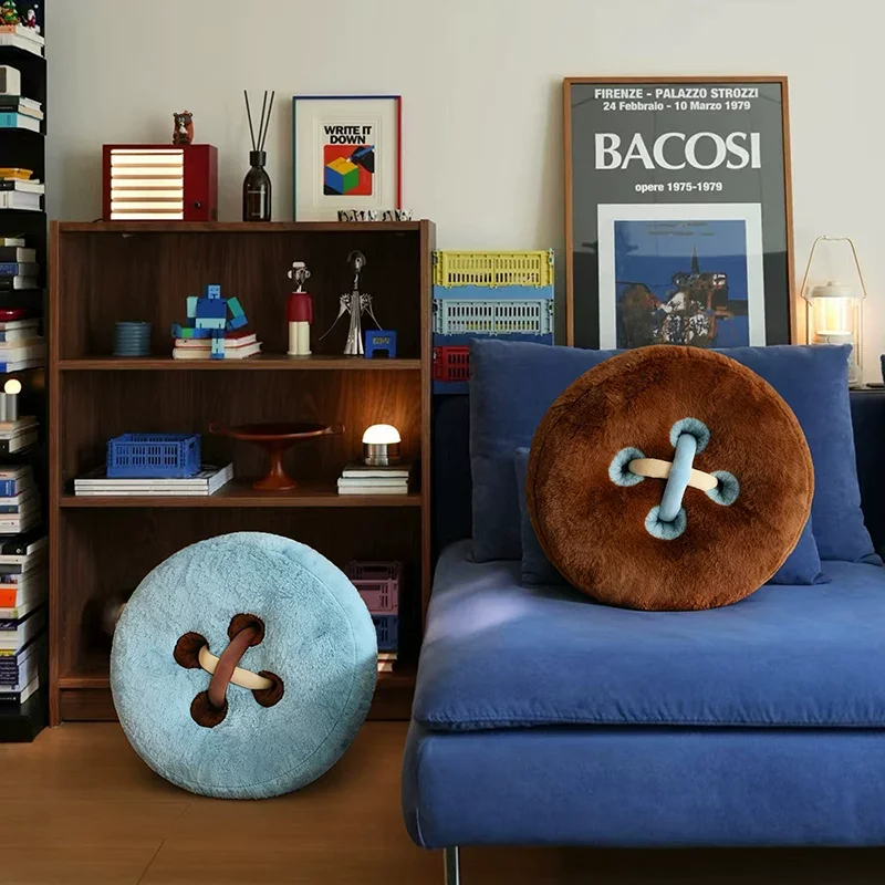 Cozy Round Button Throw Pillow Soft Decorative Stuffed Sofa Chair Back Cushion Fluffy Simulation Button Pillow Home Decor