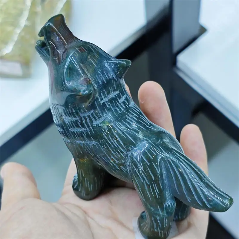 Natural Ocean Jasper Wolf Carving Statue Healing Gemstone Crafts For Children Birthday Halloween Gift 1PCS
