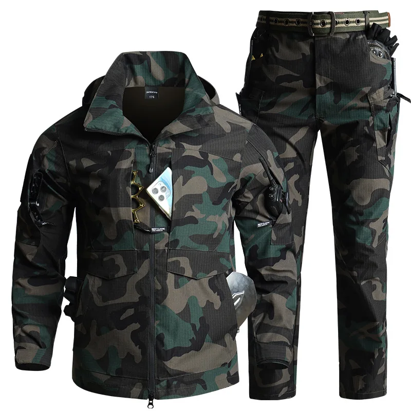 Conjunto de Ropa Táctica de Camuflaje para Hombre, Chaqueta con Capucha Transpirable y Resistente a Desgarros + Pantalones Cargo Multibolsillos, Conjunto Deportivo para Senderismo y Caza al Aire Libre