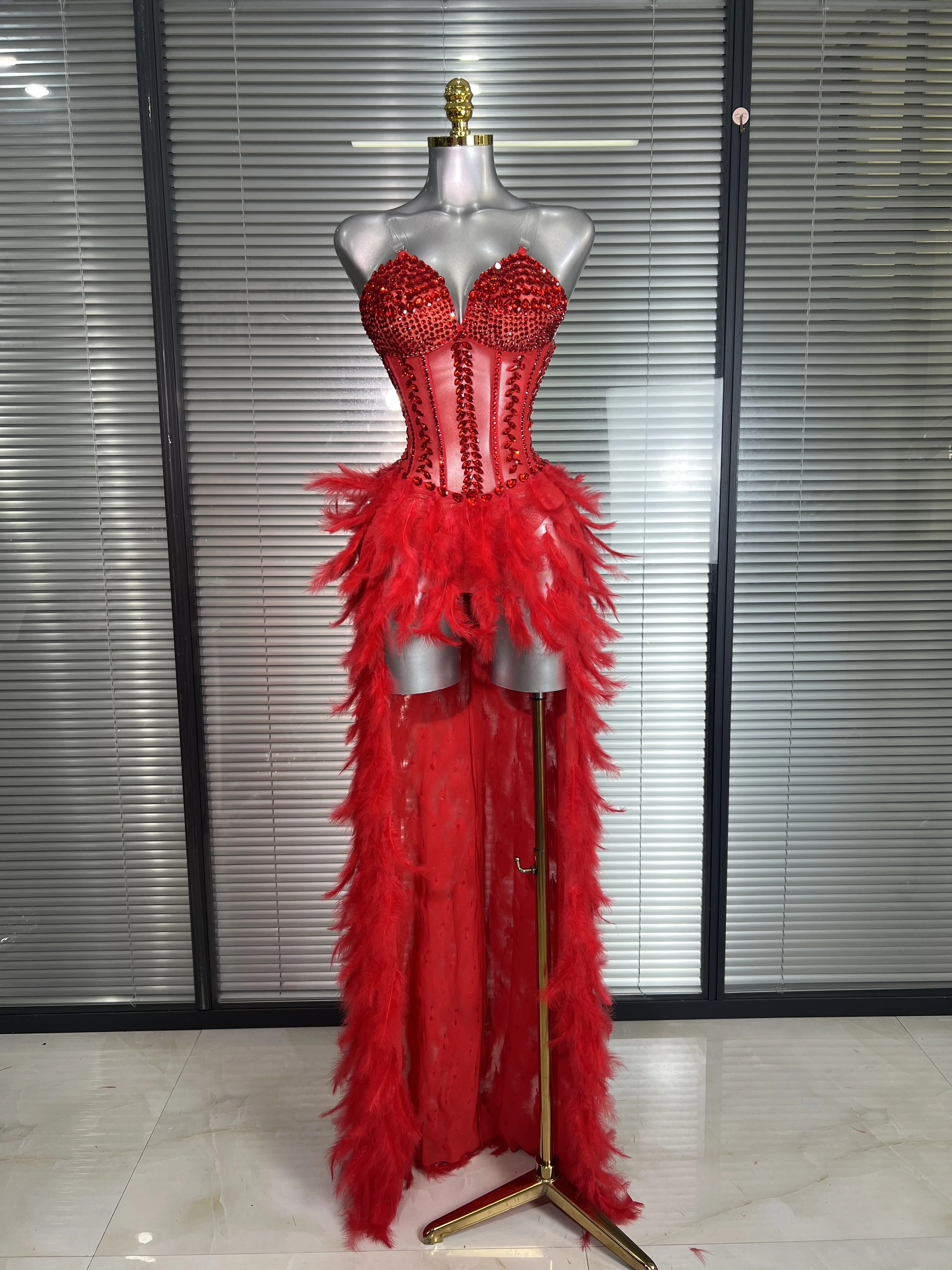 

Women Sexy Mesh Feathers Stage Costume Stage Red Stretchy Night Club Bodysuit Party Maxi Dress