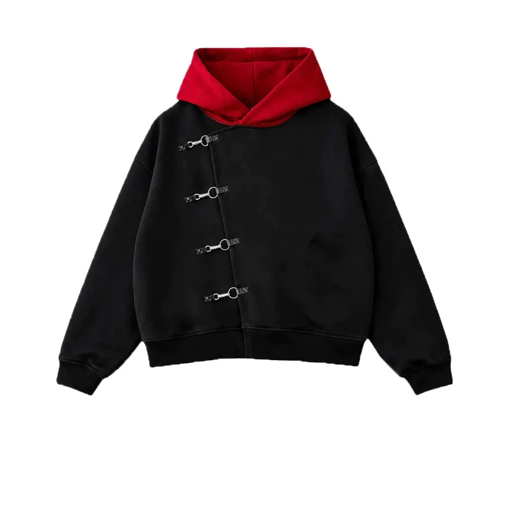 chic design button hooded sweatshirt new Chinese style loose versatile sweatshirt American retro popular high street dark style