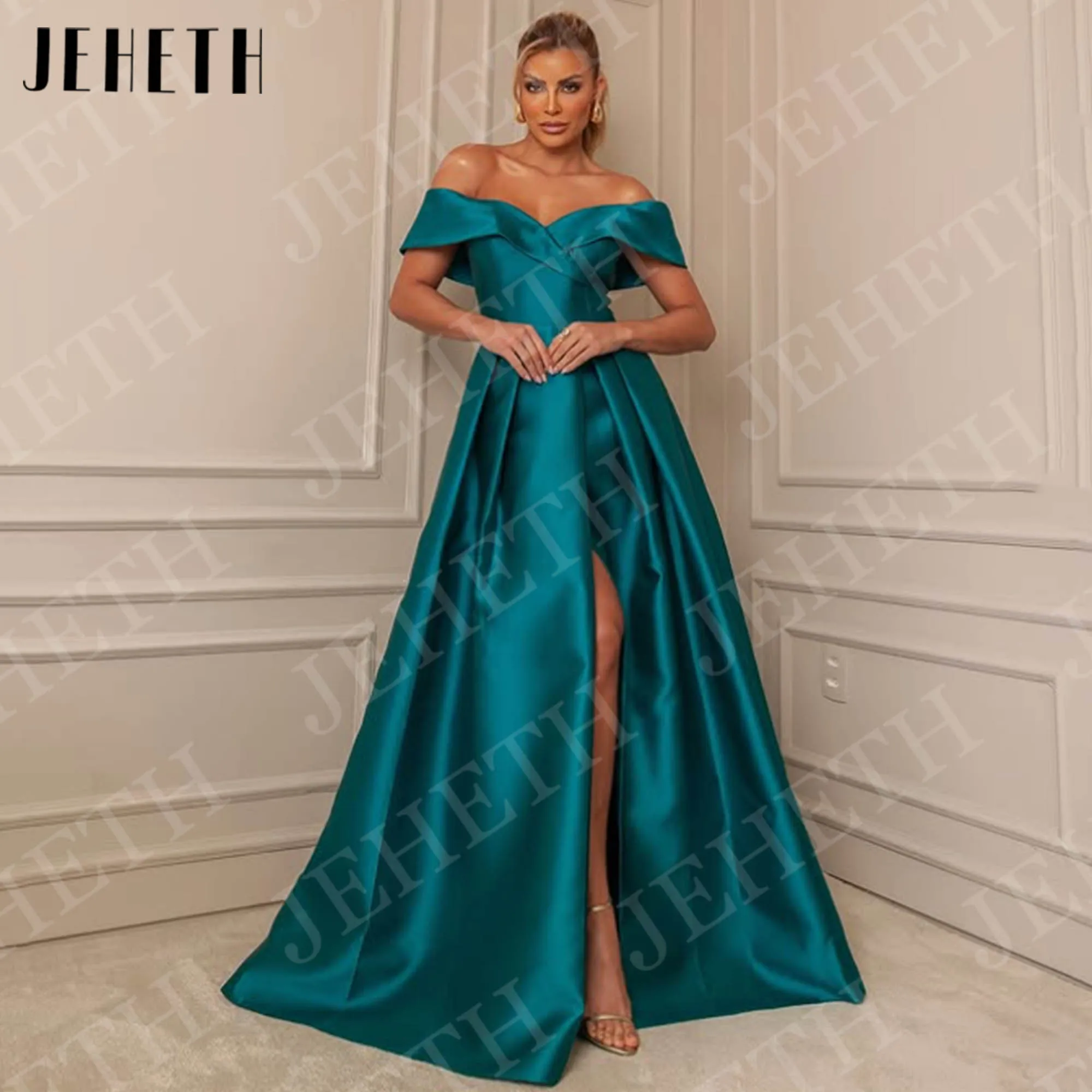 

JEHETH Satin Off Shoulder Evening Dress Elegant Long High Slit A Line Party Dresses Formal Woman Teal Customized robes de soirée