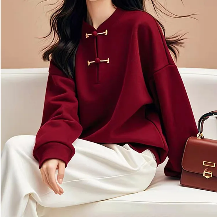 

Ankela Red Thiened Women's Sweatirt Button Design Faionable Chinese Sle V-Ne Long Sve Polyester Casual Top