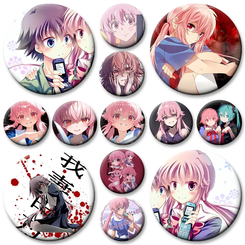 Cute Anime Girl Gasai Yuno Brooches Future Diary Badge Backpack Decoration Round Cartoon Lapel Pins Jewelry Gifts Accessories