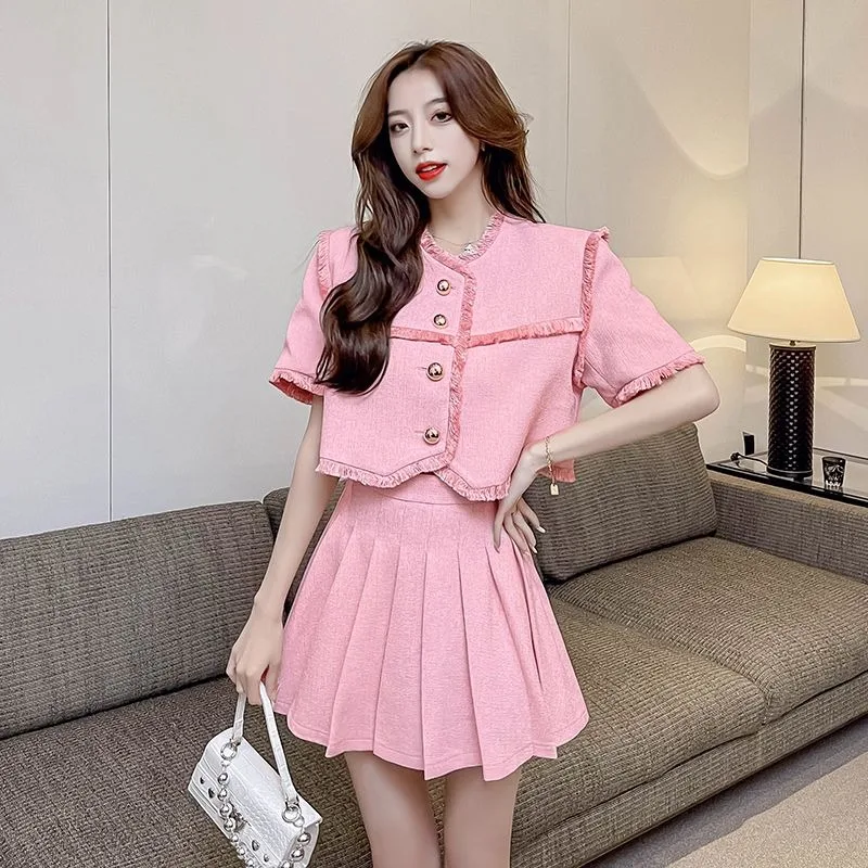 Insozkdg Skirt Suits Fashion Small Fragrance Short Sleeve Blazer Pleated Skirt for Women Spring Summer New Fashion Two-piece Set