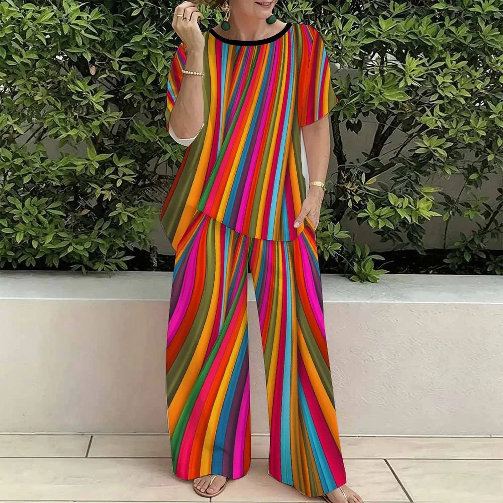 Plus Size Women Spring/summer Print Two Piece Set Street Vacation  Short Sleeved Fashion Retro Tops Everyday  Casual Long Pants