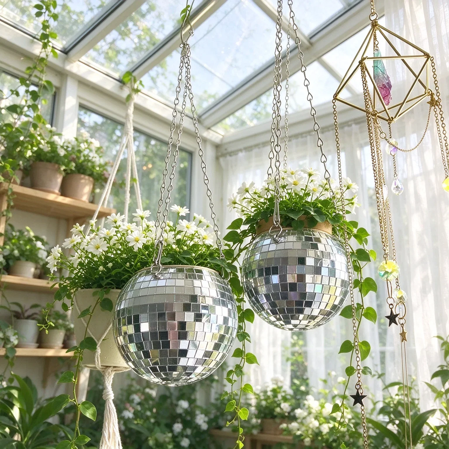 Hanging Mirror Disco Ball Planter with Chain, Flower Pot for Indoor Succulents, Boho Room Decor, Cute Gift for Plant Lovers