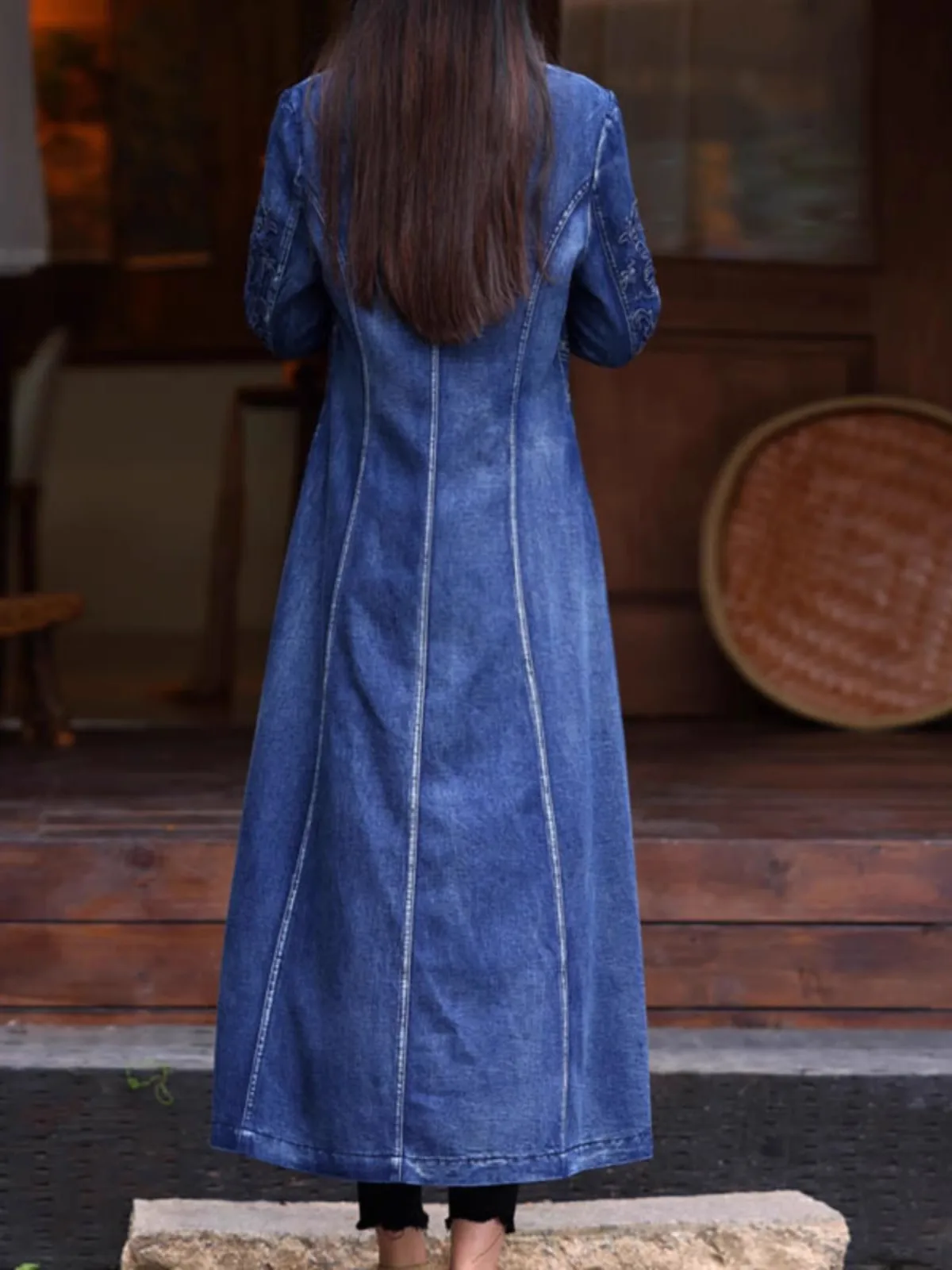 TIYIHAILEY خمر المرأة طويلة منتصف العجل الخريف الدنيم M-2XL النمط الصيني التطريز كم كامل فستان السيدات معطف