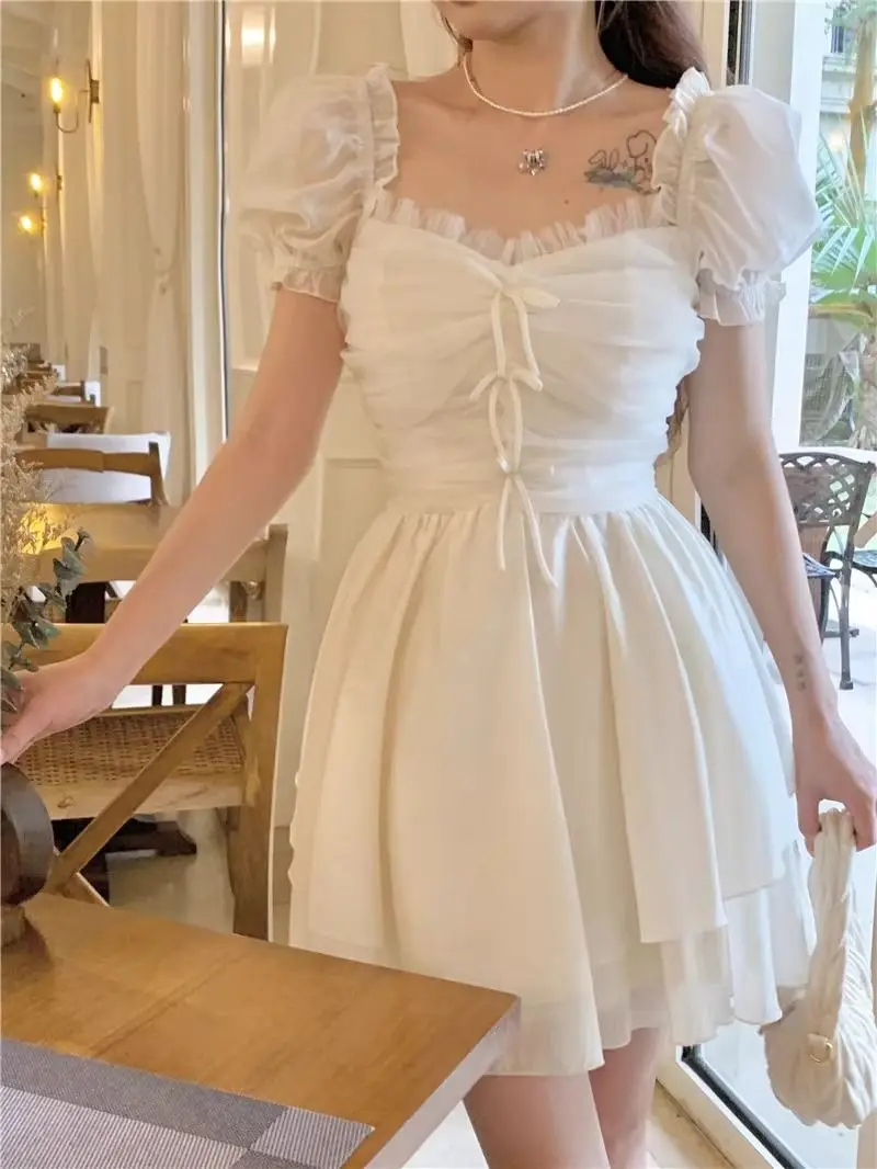 Vestido corto francés elegante para mujer, Falda Midi de alta calidad con lazo y volantes, manga abullonada, cuello cuadrado, graduación de verano