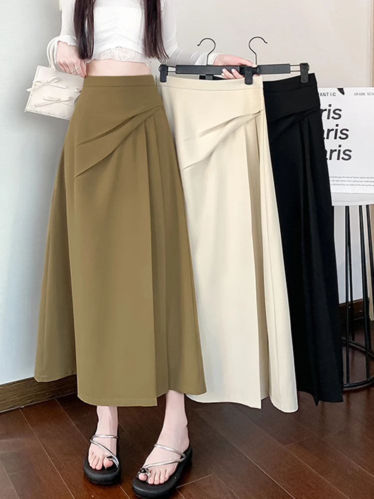 

Spring Summer Women Chiffon Skirts Vintage High Waist Elastic Patchwork Beige Black Khaki Long Cake A-line Skirt for Student