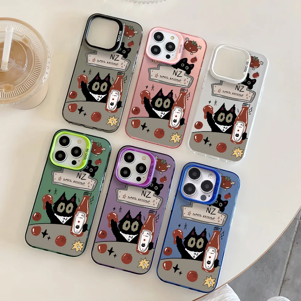 Cartoon tomato little black cat Phone Case For iphone11 12 13 14 15 16 Pro Max Plus fashion laser colorful silver IMD cover