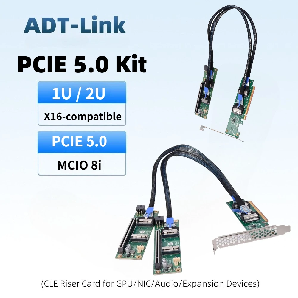MCIO 8i to PCIe 5.0 X16 Split Card 1U Height External GPU Expansion Backplane Kit for Server Gen 5.0 PCIe 4.0/3.0 Breakout Board