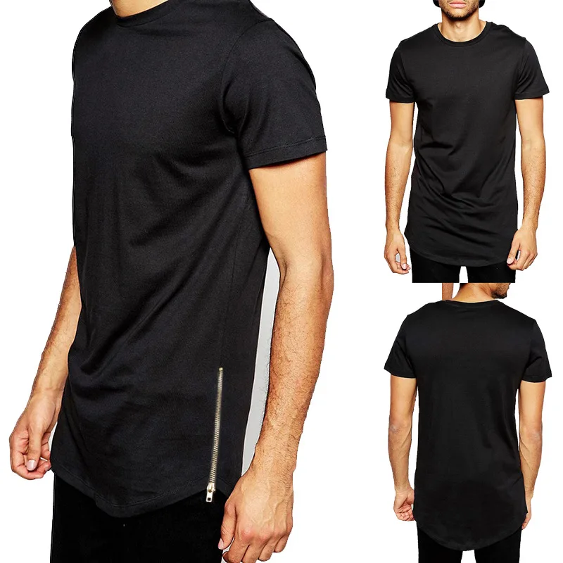 Men's Hip-hop Style Solid Color Short Sleeved T-shirt with Curved Hem and Side Zipper, Loose Casual Men's Top for Summer Wear