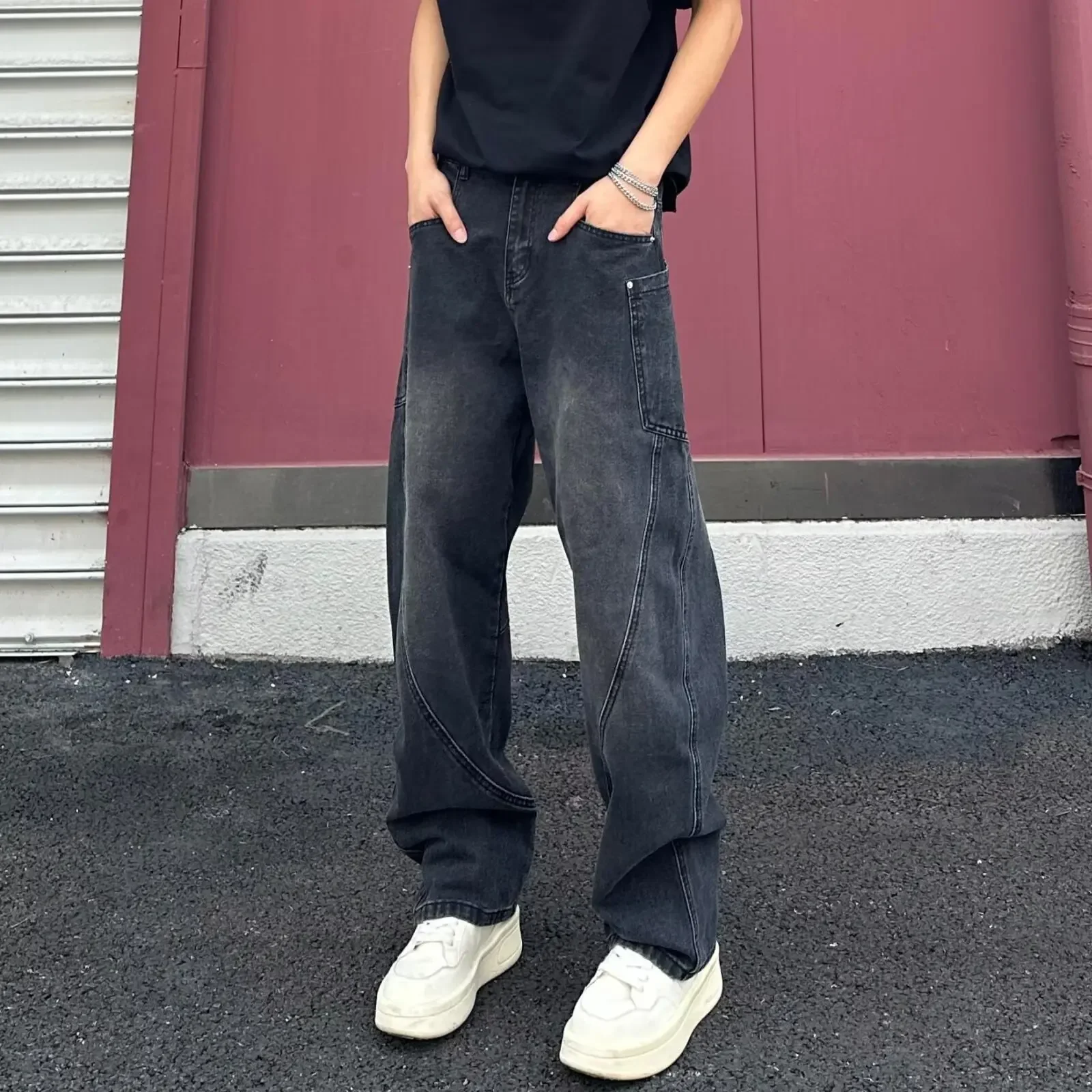 Hippie Pants Men's Baggy Jeans Summer Wide Leg Skater Denim Pants Casual Loose Fit Trend Long Trousers Streetwear
