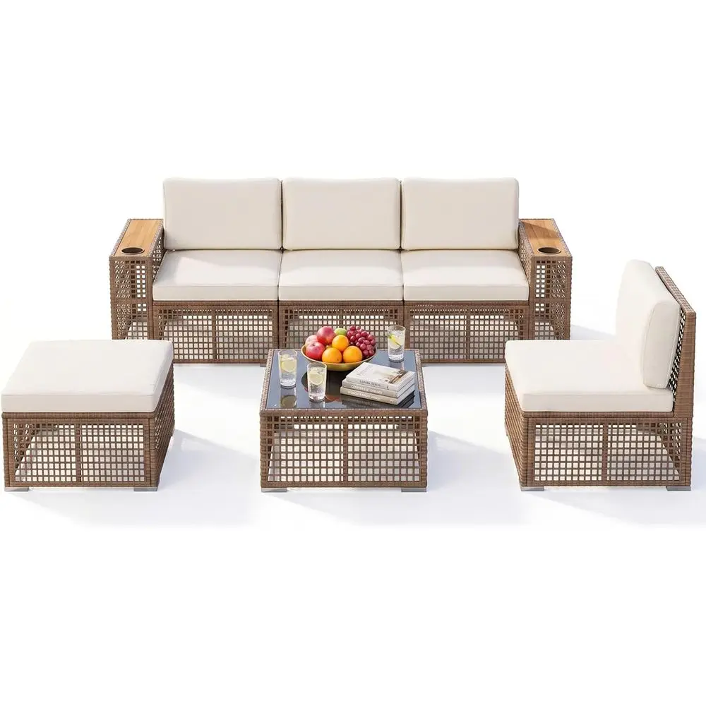 

Patio urniture Set,6 Pieces Outdoor Sectional Soa with Cup Holder and 7.87in Wider Armrest, PE Wicker Backyard Couch Set with Co