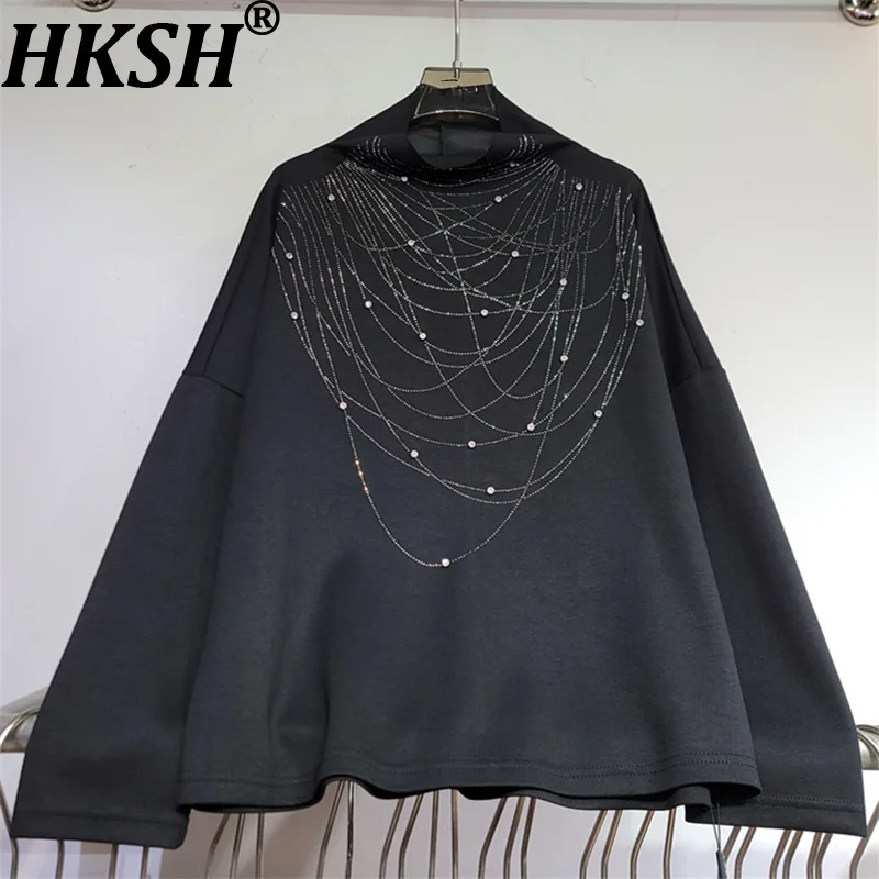 HKSH Women Long Sleeve T-shirt Fashion Stand Collar Diamond Design Trendy Elegant Loose Casual Ins Base Shirt Autumn New HK27488