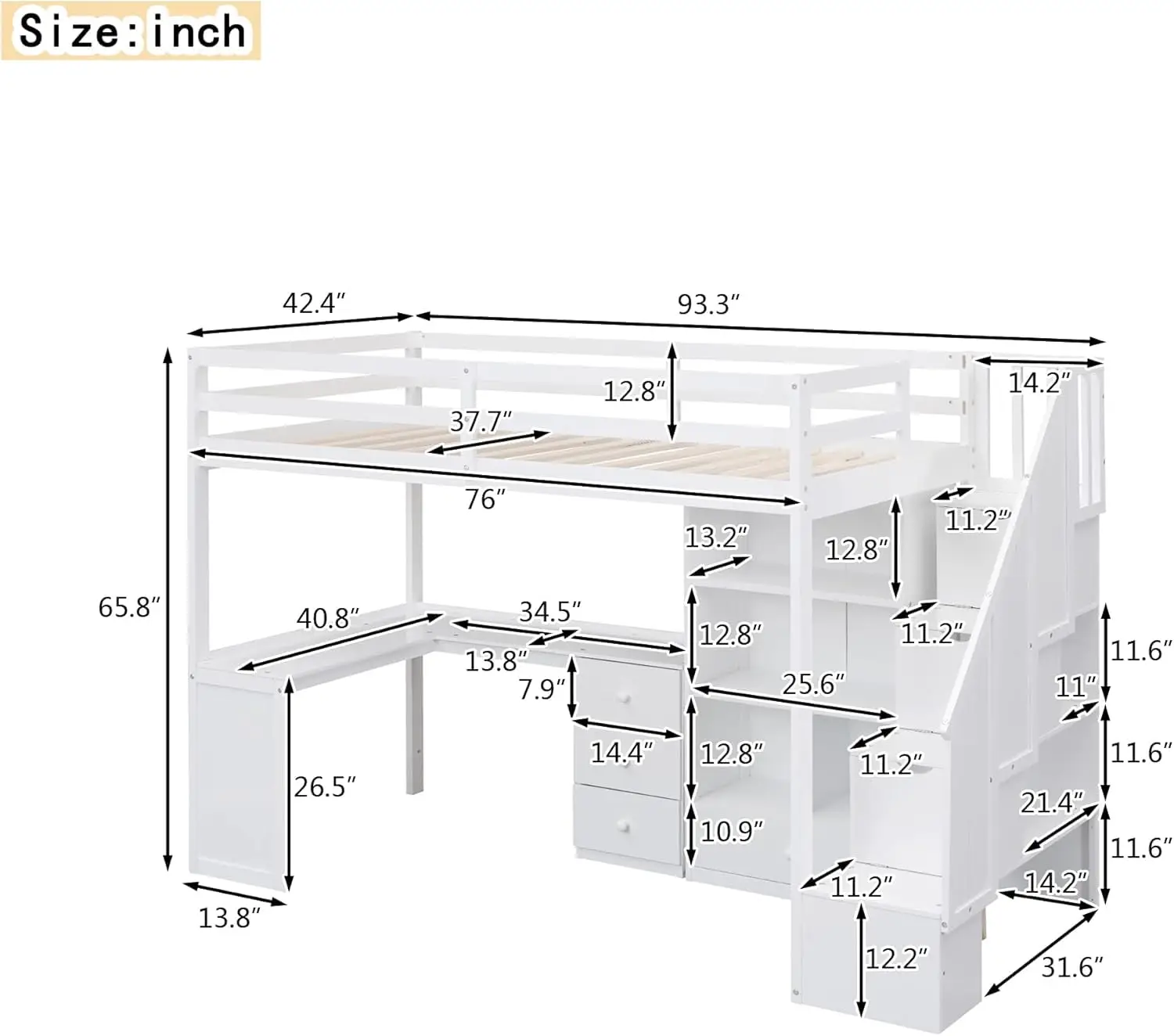 Twin Loft Bed L-Shaped Desk Storage Staircase Guardrails Wood High Bed Bookcase 4 Drawers Adults No Box Spring White, Customized