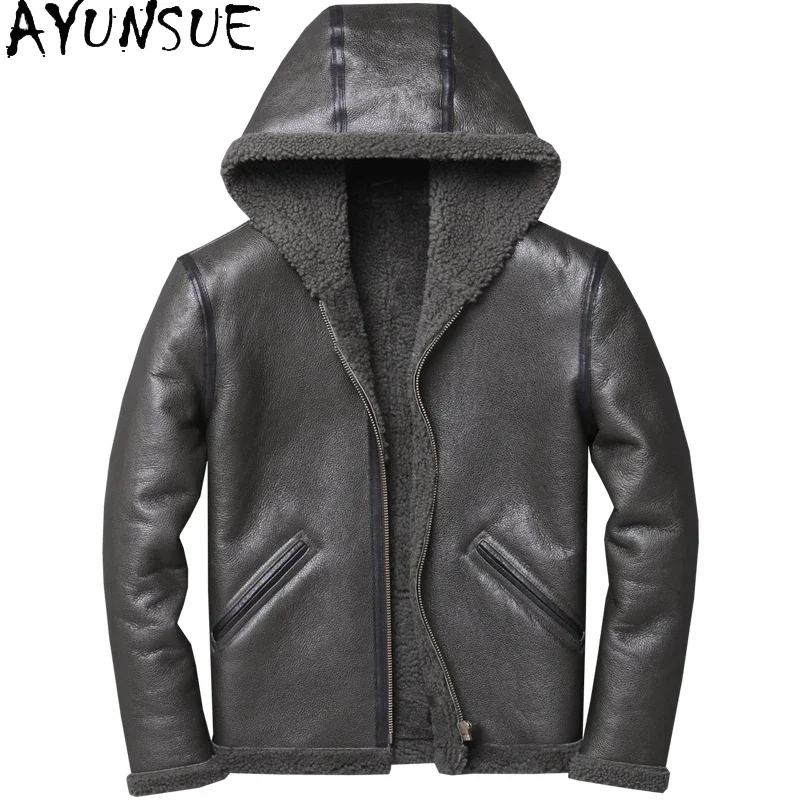 

AYUNSUE Genuine Leather Jackets Men Natural Sheepskin Coats Male Hooded Casual Coat Real Fur Winter Jacket Men's Fur Jacket Ins