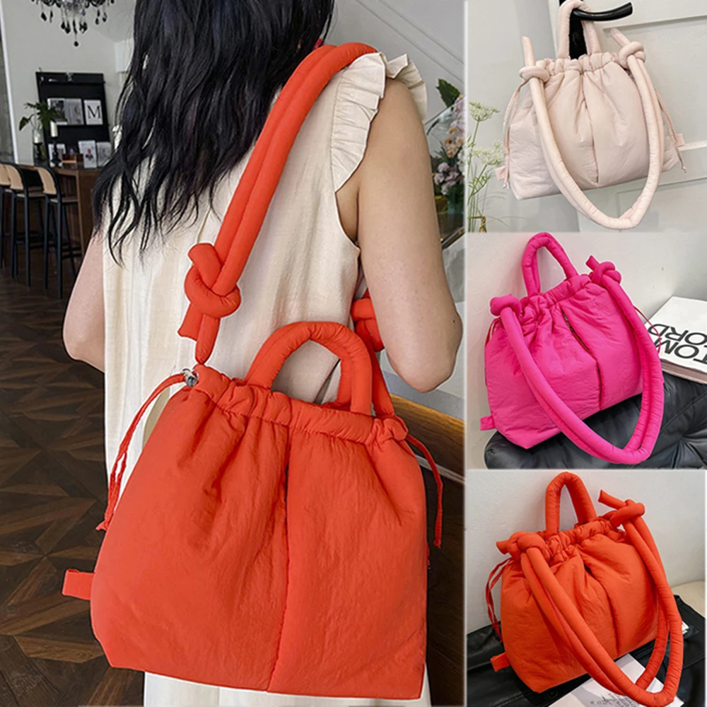 Quente novo náilon cheio de algodão saco de ombro portátil alça atada sólida mochila crossbody saco casual grande capacidade feminina