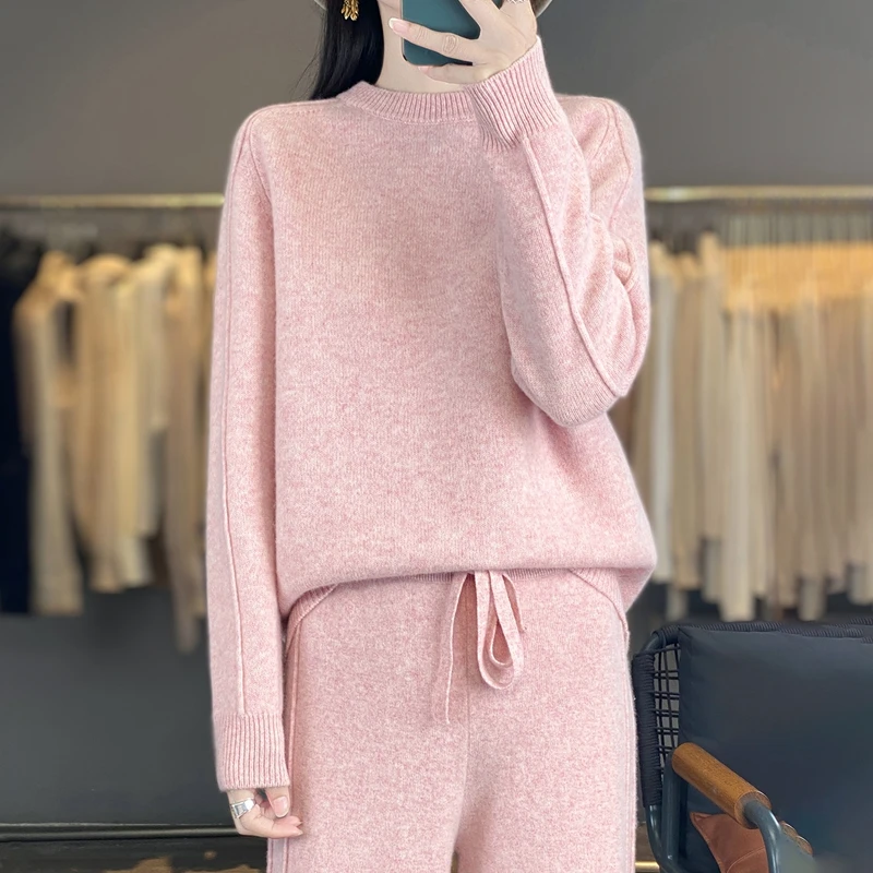 2-Piece Set Women's Clothing 100% Merino Wool Autumn and Winter Knitted Set O-Neck Sweater Straight Leg Long Wide Leg Pants