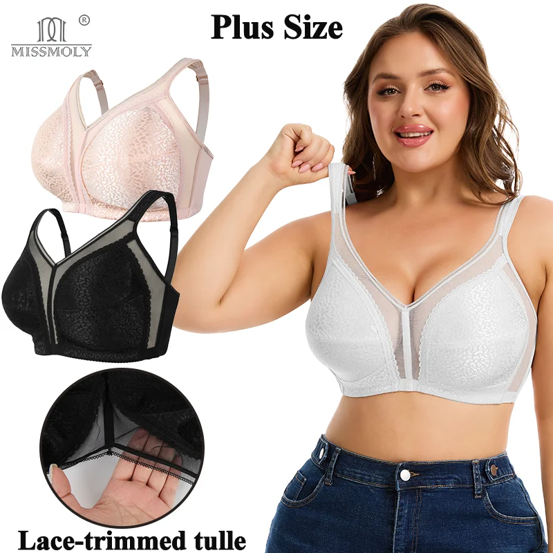Miss Moly Plus Size BH für Damen, sexy Tüll-Unterwäsche mit Aussparungen, atmungsaktiver Spitzen-BH ohne Bügel, dünne Cups, weiche Dessous