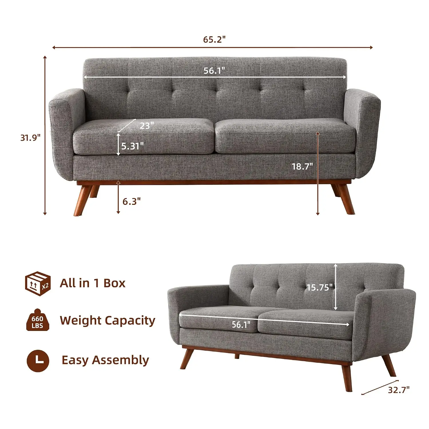Mid Century Loveseat Sofa, Button Tufted Upholstered Solid Wood Easy Assembly Small Couch for Living Room Bedroom Office, Grey,