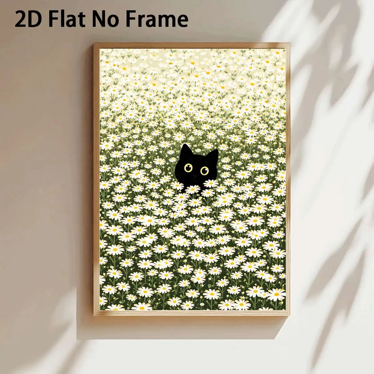 Cute Floral Bathroom Wall Art,Black Cat Hiding In White Daisy Flowers Print,Dark Green Cottagecore Unframed Decor Bedroom