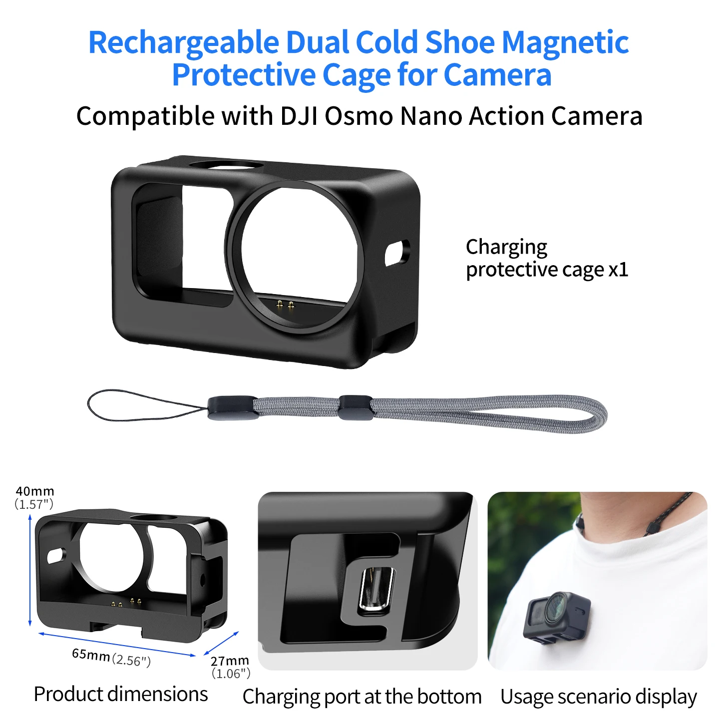 Rechargeable Magnetic Cage for DJI Osmo Nano Dual Cold Shoe Mount Protective Case Support USB-C Charging N52 Strong Magnet