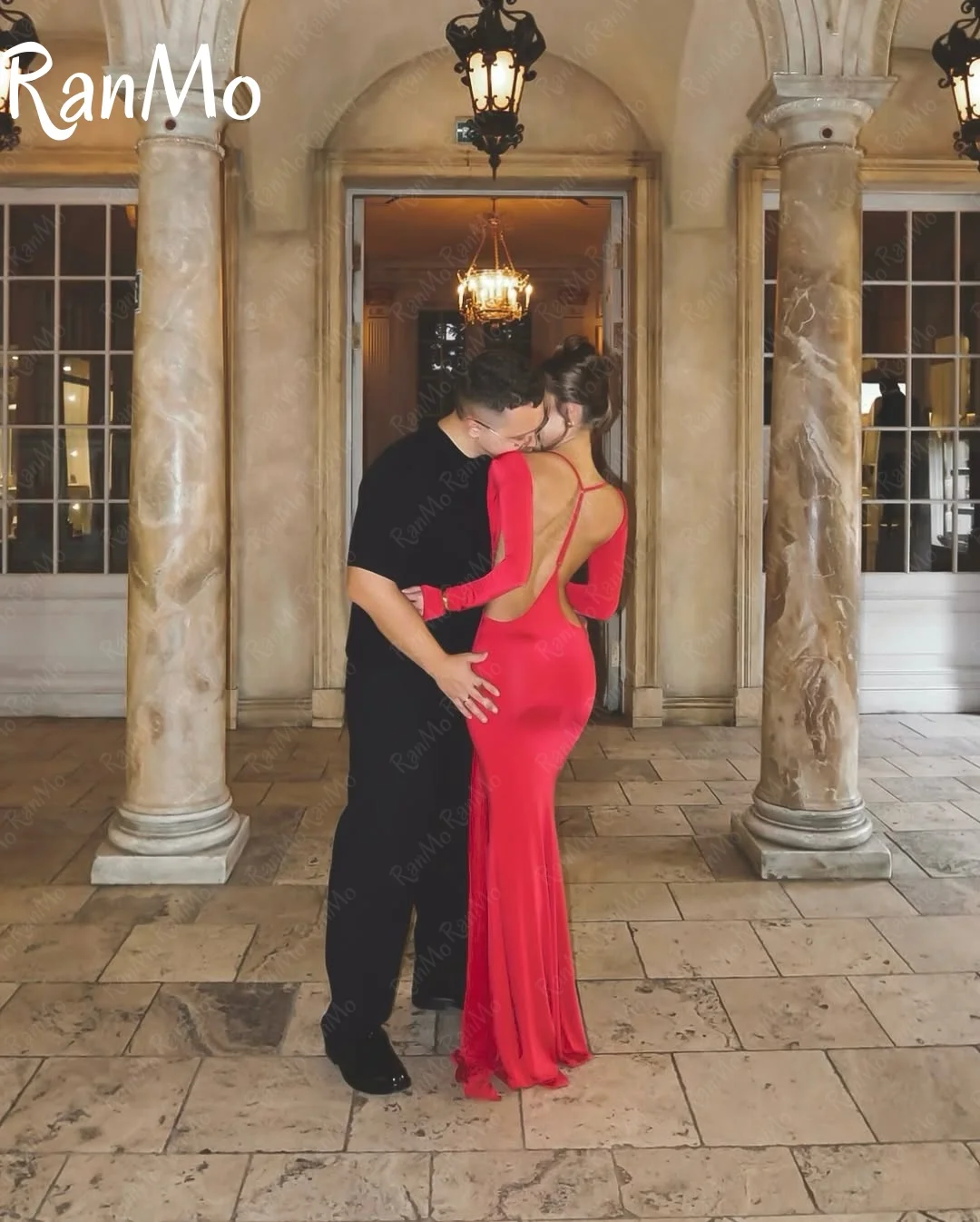 Ranmo Elegant Mermaid Evening Dresses 2025 จีบชุดพรรคอย่างเป็นทางการแขนยาวBacklessแสดงเอวที่กําหนดเอง FBسات