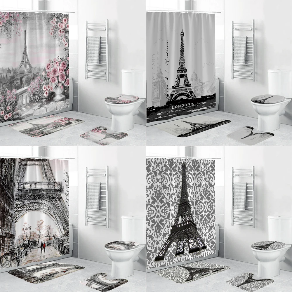 

Paris Landscape Eiffel Tower Shower Curtain Set 3D Waterproof Bathroom Curtain Set Non-Slip Rugs Toilet Lid Cover Mat Home Decor