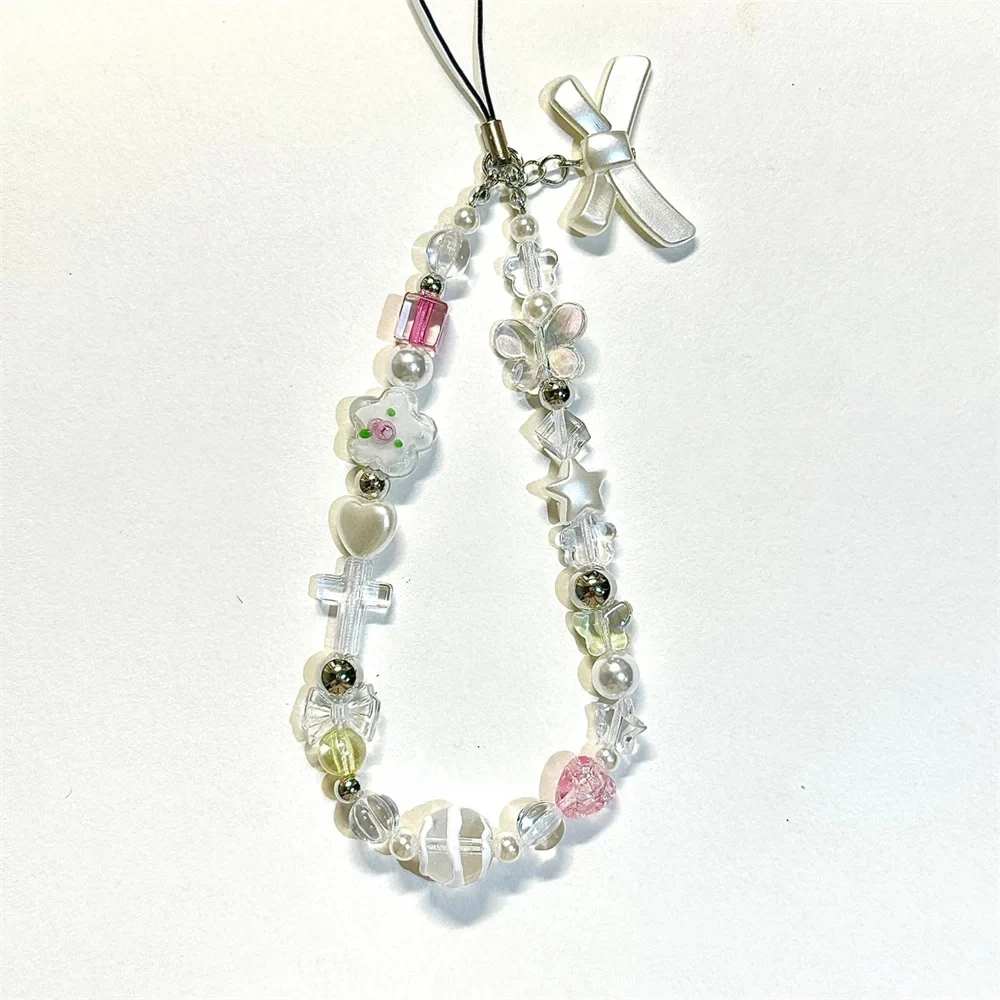 

Корейский милый цветочный бант, подвеска из бисера, цепочка для телефона для iPhone, модный подвесной шнурок, подарок для женщин, шнурок с защитой от потери, ювелирные изделия, очаровательный ремешок