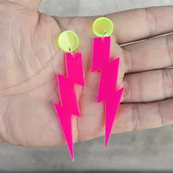 Rose red fluorescent lightning pendant earrings for Women 2024, unique fluorescent green colored acrylic lightning earrings whol