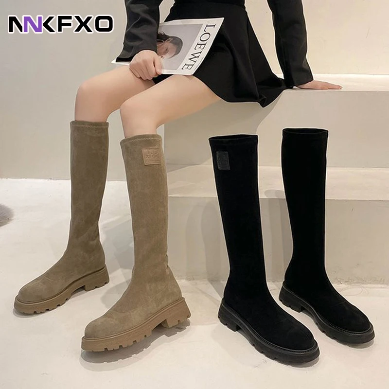 

Flock Stitching Thick Heel Women's Knee-Length Boots Round Toe Plush Lining Winter Warm Boots Socks And Shoes Vc4738