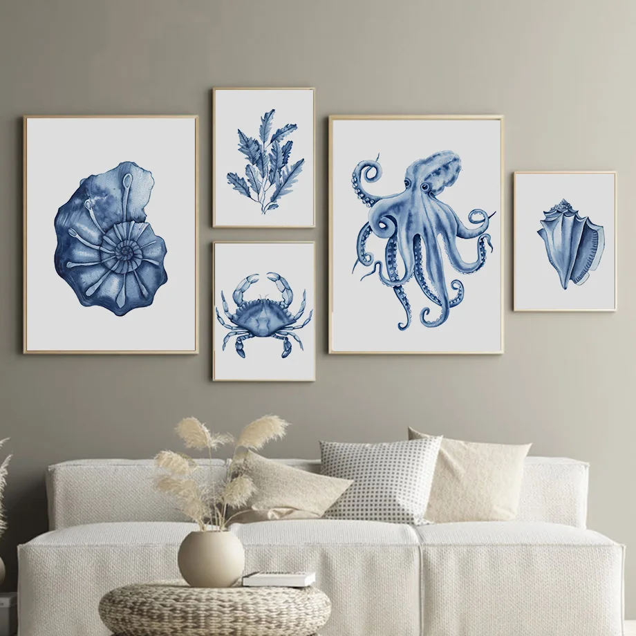 Watercolor Blue Coastal Sea Creatures Posters Prints Octopus Conch Jellyfish Wall Art Canvas Painting Kids Room Home Decor