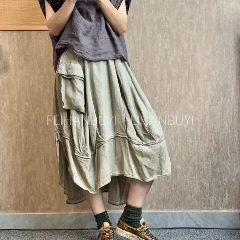 New Arrival 2026 Summer Arts Style Women Loose Casual A-line Skirt Single Pocket Design Asymmetrical Vintage Long Skirts F6662