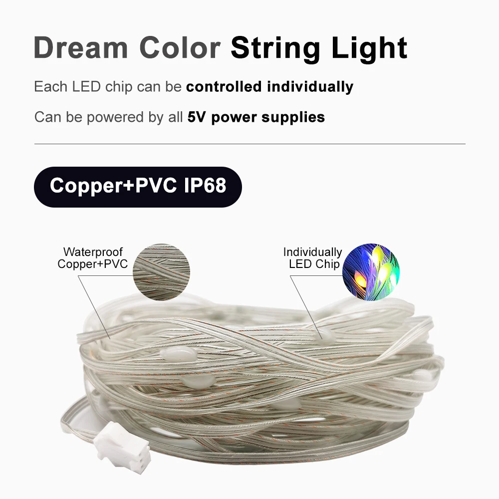 DC5V WS2812B Led String Addressable Individually 5050 RGB Decorative Lights Waterproof Green Transparent Wire Decoration 5m-25m