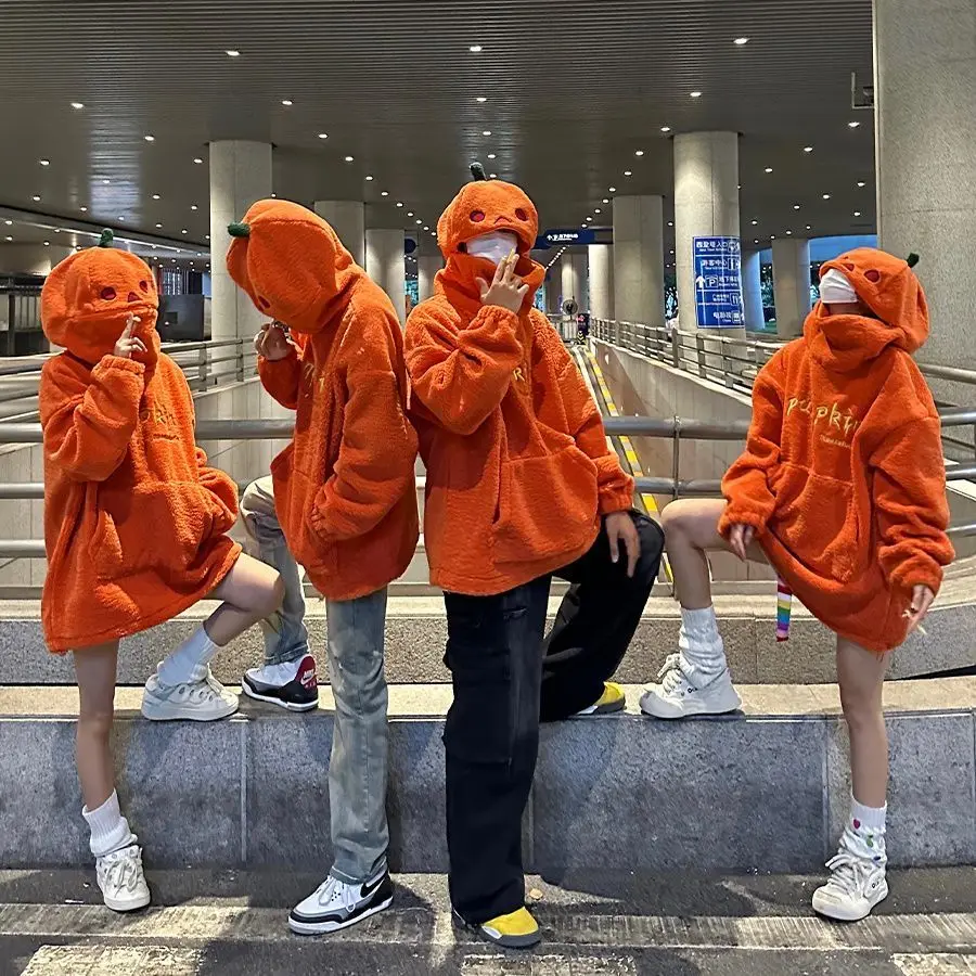 Y2k Oversized Hoodie Pumpkin Funny Cute Hoodie Clothing Lamb Plush Sweater Coat Hooded Cartoon Autumn and Winter Sweater Loose