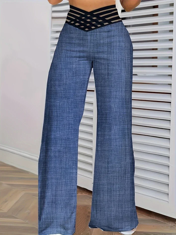 Pantaloni a vita alta Pantaloni da lavoro eleganti streetwear Pantaloni svasati a gamba larga da donna 2024 Nuovo toppa in rete trasparente incrociata casual