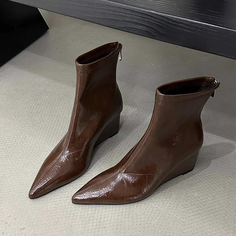 

Wedges Women Ankle Boots Sexy Pointed Toe Shoes High Heels Chelsea Boots Winter 2025 Luxury Brand Leather Shoes Woman Pumps Bota